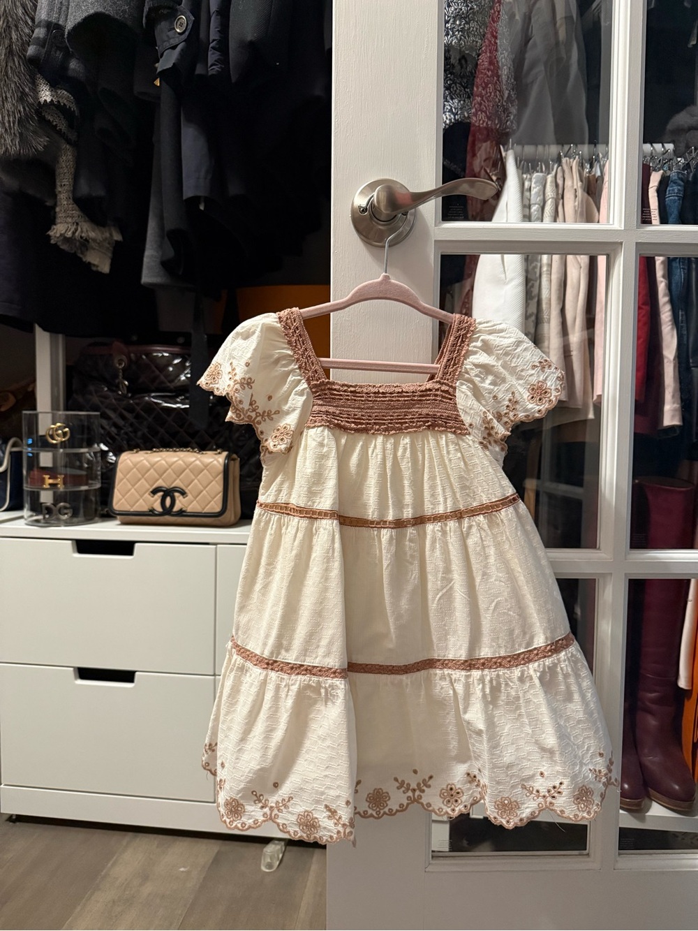Zara Cream Dress with Tan Embroidered Trim